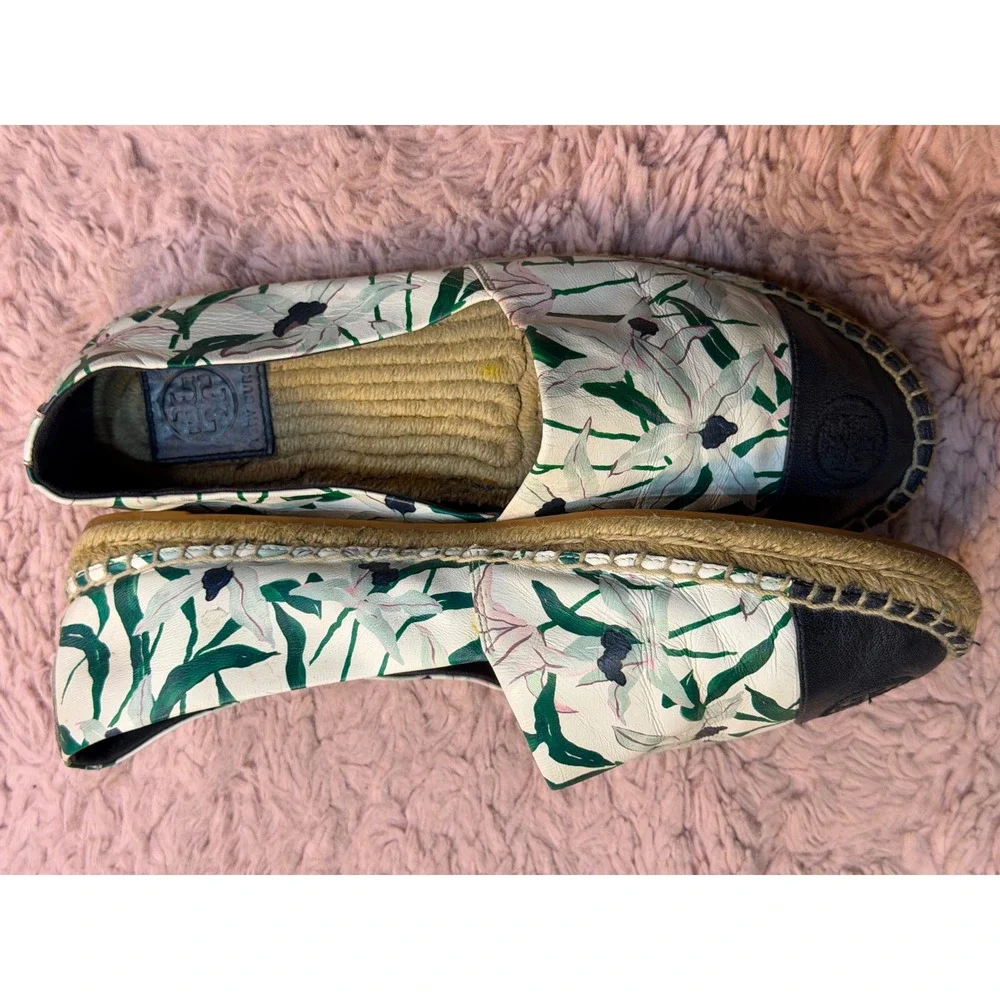 Tory Burch Floral‎ Leather Espadrilles Black Cap Toe Logo Flats Cream Green